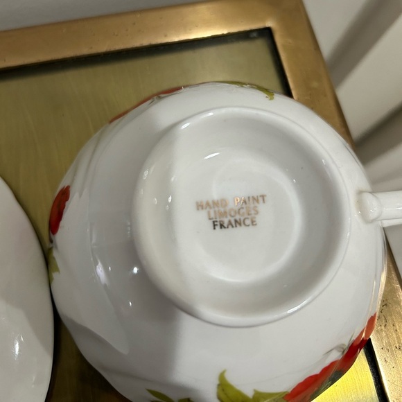 Limoges France Porcelain Tea Cup Saucer set Japan Red Flowers Poppies - Picture 6 of 8